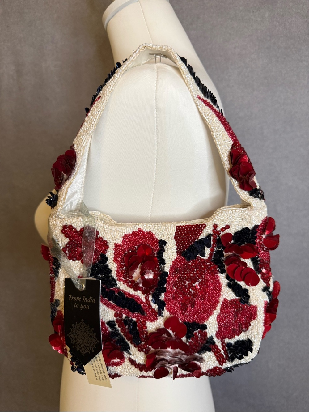 Handcrafted Beaded Floral Sequin Shoulder Bag-Red & Ivory NWT Made in India